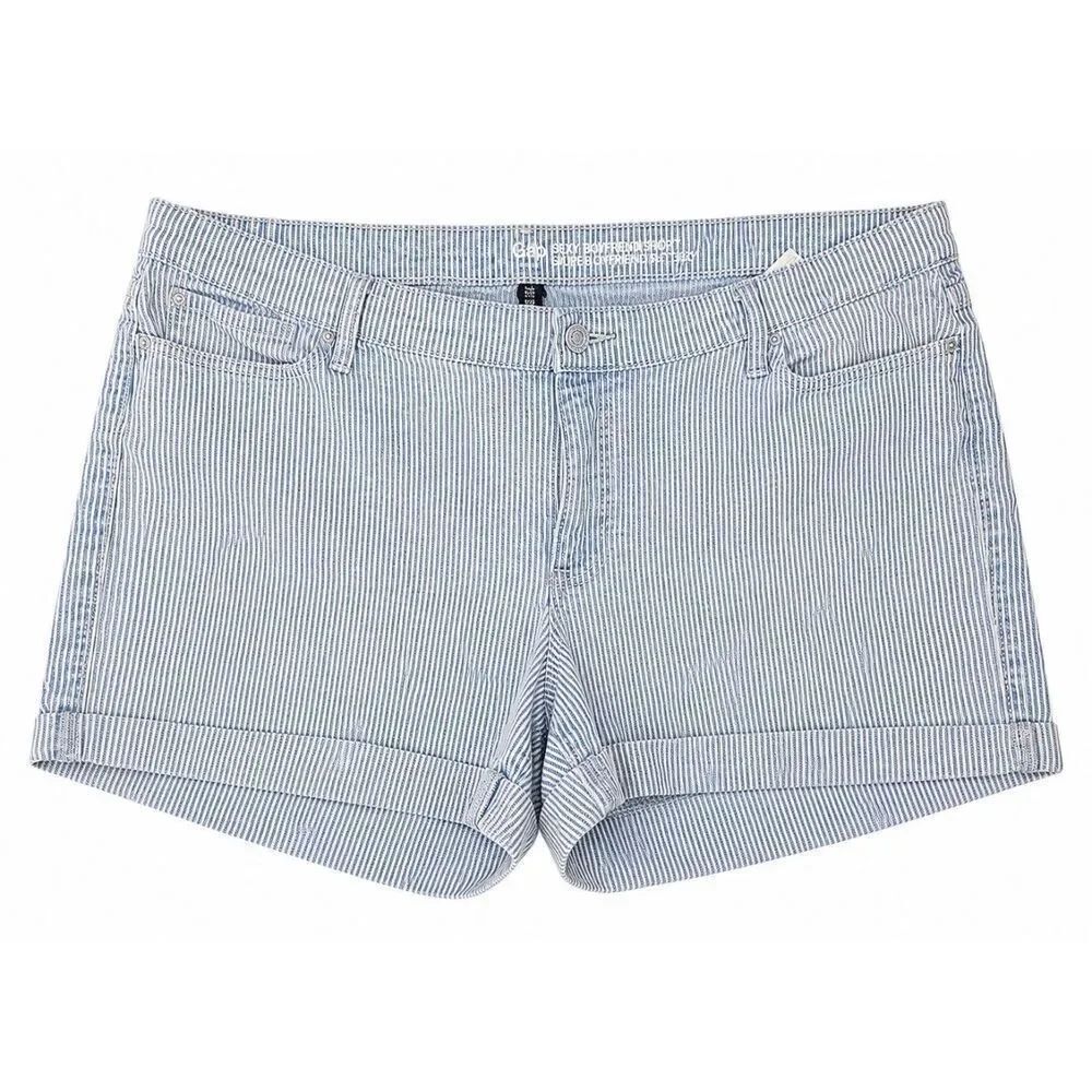 Gap Sexy Boyfriend Striped Denim Shorts Blue White Railroad Stripe Rolled Hem SZ